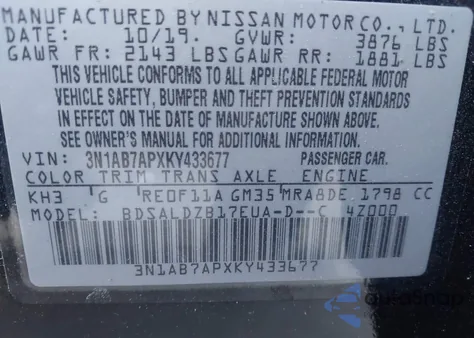 2019 Nissan Sentra Sv z USA, uszkodzony, nr VIN 3N1AB7APXKY433677